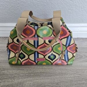 Franco Sarto Multicolor Peacock Print Satchel Handbag, Retro,‎ Pink, Blue, Green